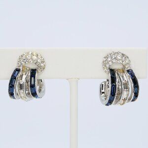 Vintage Boucher Phrygian Cap Blue and Crystal Baguettes Hoop Earrings 1940s